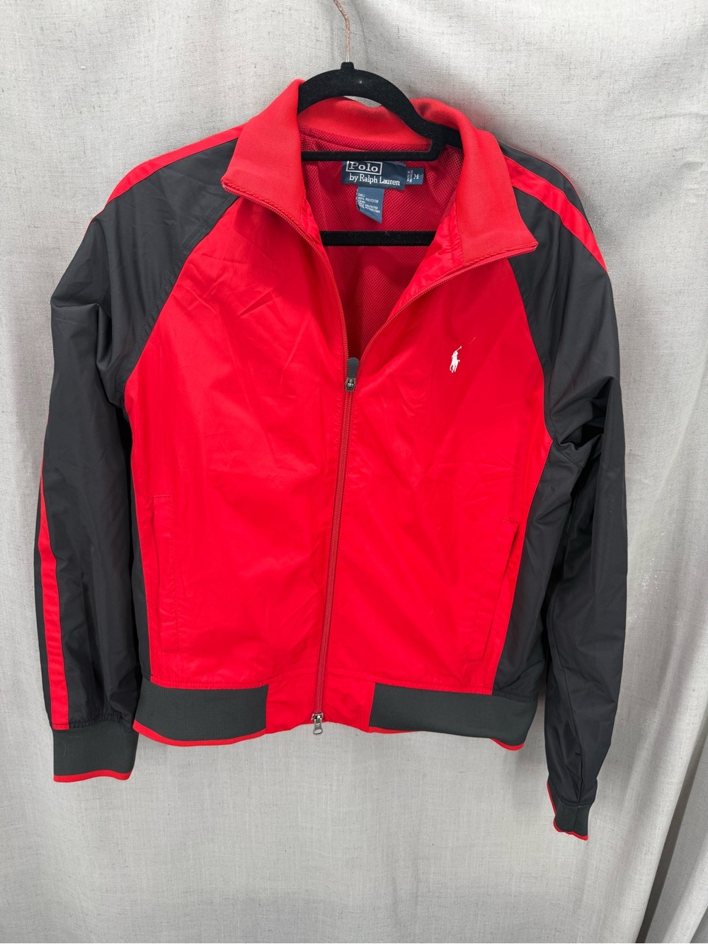 Polo Ralph Lauren Mens Red Black Solid Windbreaker Full Zip Jacket Size M.